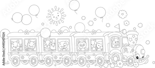 Cartoonish train with cute toy animals and holiday balloons flying around on a sunny summer day, black and white outline vector cartoon illustration for a coloring book