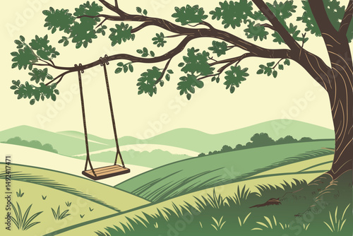 137 a wooden swing hanging from tree branches with lush green leaves, rolling hills in the background, idyllic pastoral landscape, digital art, highly detailed, smooth, vibrant colors, 4k resolution