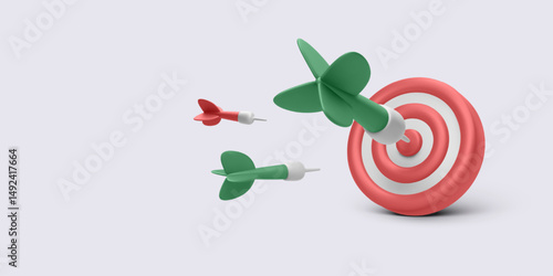 Target, Accuracy, Dart, Hit, Goal, and Success Concepts in a 3D Rendered Scene. Red Bullseye with Arrows Represents Precision and Business Objective. Vector Illustration.