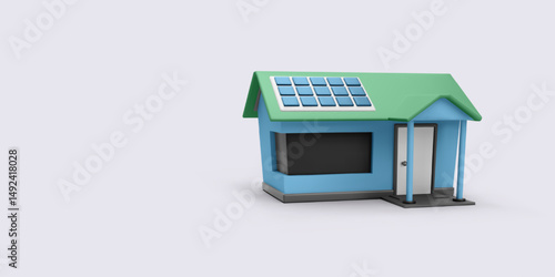 Solar House Icon, 3D Eco-Friendly Home with Green Roof and Blue Solar Panels in Minimal Style. Perfect for Sustainability, Energy, or Smart Home Concepts. Vector Illustration.