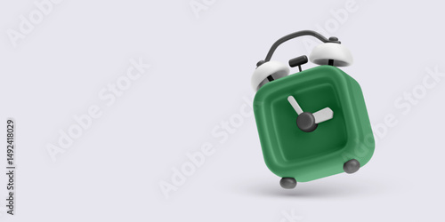 Alarm Clock Icon, 3D Green Square Bell Timer with White Bells and Minimal Style. Ideal for Time, Reminder, or Wake Up Concepts. Vector Illustration.