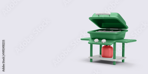Barbecue Grill, 3D Green Gas BBQ with Red Propane Tank, Minimal Cooking Equipment for Outdoor Summer Party or Picnic. Clean White Background. Vector Illustration.