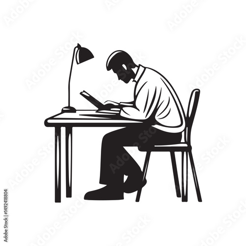 silhouette of a man typing with a computer sitting on a chair vector protected on a white background