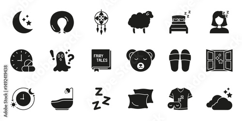 Sleep and Relaxation Solid Icon Set. Moon, Pillow, Bed and Sleepwear Elements. Nighttime Routine, Restful Sleep and Dream Symbol Collection. Isolated Vector Illustratio