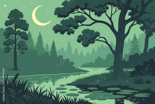 138 fantasy forest landscape, lush green trees, moonlit night sky, lake with lily pads, vibrant colors, digital art, 8k, hyperrealistic, cinematic