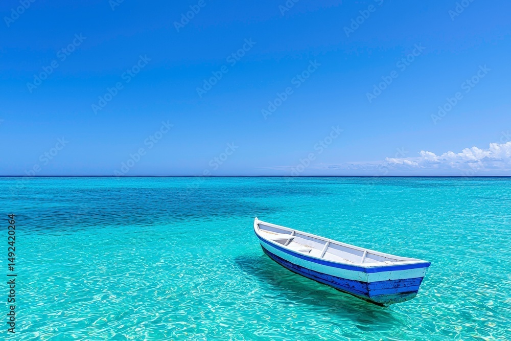 Fototapeta premium Vintage wooden boat on quiet beach with clear water