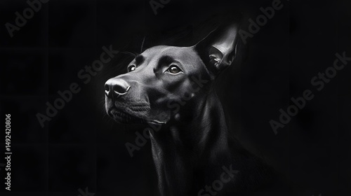 Close-up Portrait of a Black Dog with Intense Expression in Low Light