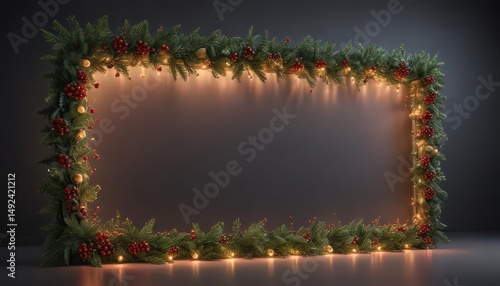 Elegant evergreen border with glowing lights and berries , graphic, lights