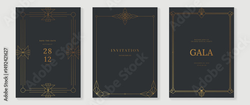Luxury wedding invitation card background vector. Elegant classic antique design, gold lines gradient on gray background. Premium design illustration for gala card, grand opening, art deco.