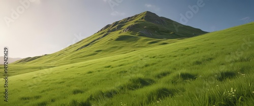 Gentle slope of vibrant green grass, sunlit hill ,  summer,  vibrant