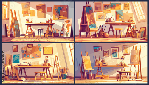 Art studio. Cartoon drawing school classroom interior easels brushes paints paintings, artist workshop vector illustration