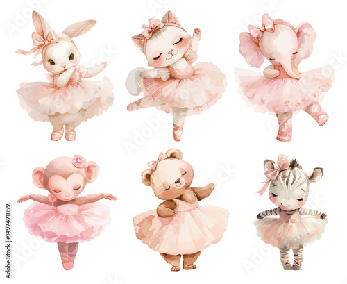 Ballerina animals. Watercolor cute ballet dance cartoon characters elephant cat bunny bear monkey zebra in pink tutu dress vector illustration