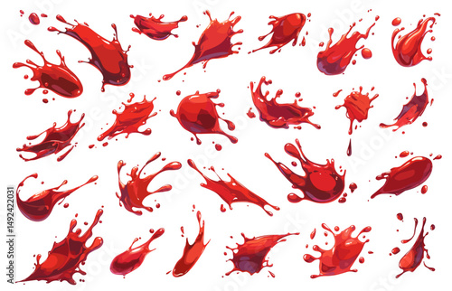 Blood splashes. Cartoon halloween horror murder crime traces drops, red paint sauce ketchup drips stains vector illustration