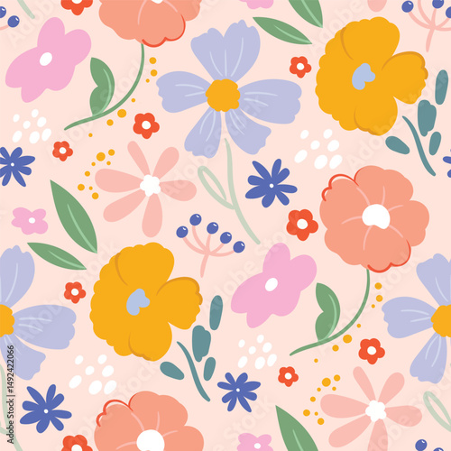 Abstract artistic florals seamless pattern background vector. Colorful botanical wallpaper with flower, foliage. Design for prints, cover, fabric, packaging, wall art, home decor. 