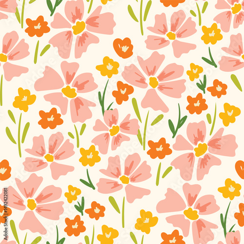 Abstract artistic florals seamless pattern background vector. Colorful botanical wallpaper with flower, foliage. Design for prints, cover, fabric, packaging, wall art, home decor. 