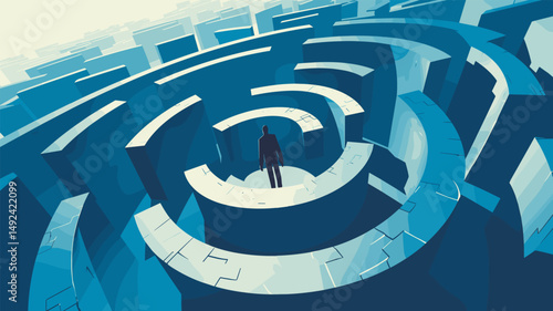 Businessman maze. Cartoon man in labyrinth finding way, career decision path achieve goal challenge concept vector illustration