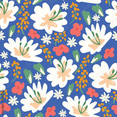 Abstract artistic florals seamless pattern background vector. Colorful botanical wallpaper with flower, foliage. Design for prints, cover, fabric, packaging, wall art, home decor. 
