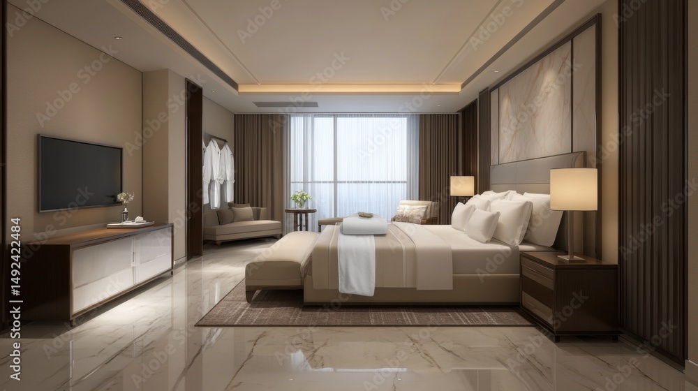 Interior view of luxury master bedroom suite with king bed, elegant furniture, marble floors, and natural light at upscale hotel Interior view of luxury master bedroom suite with king bed, elegant furniture, marble floors, and natural light at upscale hotel