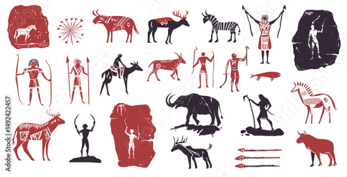 Cave painting. Ancient wall drawing animals prehistoric tribe caveman humans spear silhouettes, archaeology set vector illustration