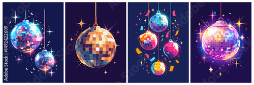 Disco ball. Cartoon shiny mirror light music party globe, silver retro dance nightclub sphere set vector illustration
