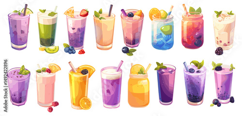Fresh smoothies. Cartoon fruit healthy drinks in glasses, kiwi orange berry summer cocktails vector illustration