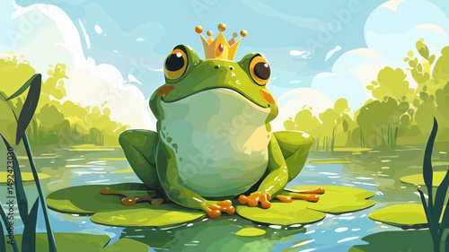 Frog prince. Cartoon green fairy tale amphibian character toad with golden crown sitting in pond vector illustration