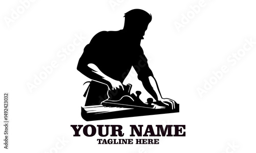 illustration carpenter with planing tool, carpentry work on wood emblem. Joinery, woodwork, woodworking badge or symbol vector and logo icon