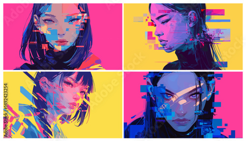Glitch girl portrait. Beautiful woman with pixelated effects, futuristic digital technology concept set vector illustration