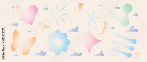 Geometric figures with grain noise gradient. Y2k retro stippling forms set. Butterfly, heart and star flower with clouds icons isolated on white background. Vector gritty gradation illustration.