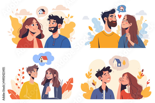House dream. Flat young man and woman couple family thinking buying future home building vector illustration