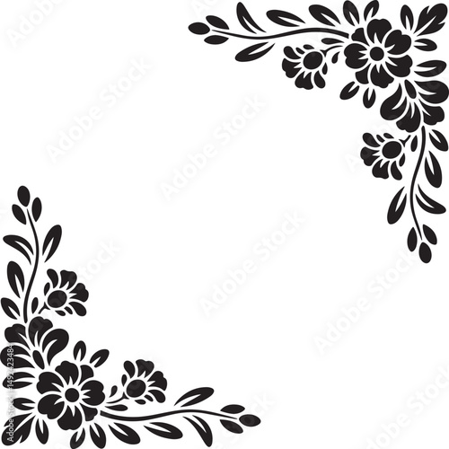 black floral corner ornament design bold flower shapes curved leaves swirls l shape clean white background vector illustration
