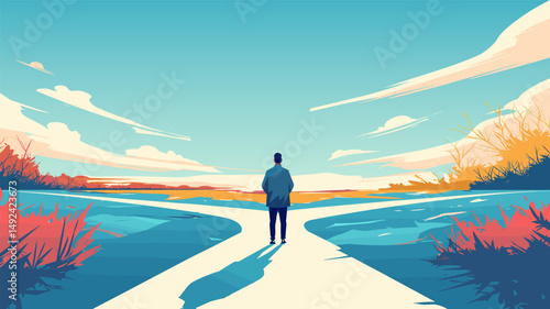 Man choosing path. Cartoon life career decision concept with male standing on crossroad, direction choice vector illustration