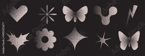 Geometric figures with grain noise gradient. Y2k retro stippling forms set. Butterfly, heart and star flower icons isolated on dark background. Vector gritty gradation shapes illustration.