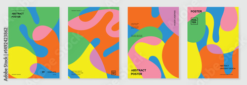 Summer poster background vector set. Minimalist cover template with geometric shape. Ideal design for social media, banner, summer season card.