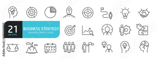 Set of line icons related to business startegy, startup, management. Outline icons collection. Editable stroke. Vector illustration stock illustration