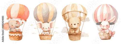 Watercolor animals. Cute cartoon elephant mouse bear bunny in hot air balloon for baby shower birthday children poster vector illustration