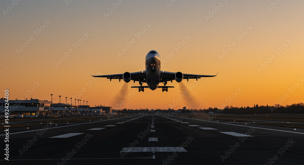Naklejka premium Airplane taking off at sunset. 