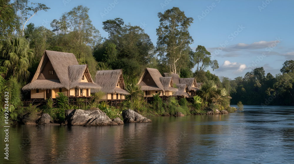 Obraz premium village at sunrise with wooden piers and nets