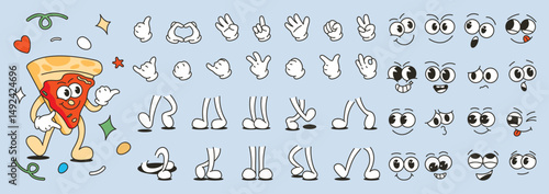 Set of 70s groovy comic faces vector. Collection of cartoon character faces, leg, hand in different emotions happy, angry, sad, cheerful. Cute retro groovy hippie illustration for decorative, sticker.