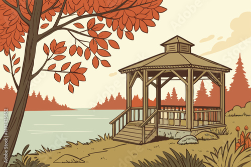 140 A wooden gazebo or shelter on the shore of a tranquil forest lake, surrounded by colorful autumn foliage, reflecting in the still waters, a serene and picturesque natural landscape