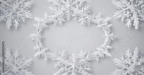 Intricate snowflake frame, varied sizes against snowy white backdrop,  macro,  illustration,  background