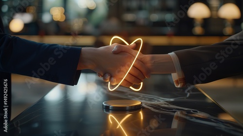 Close-up of two hands shaking over glowing atomic symbol on dark marble table, symbolizing diplomatic agreement, international cooperation, peace treaty and nuclear deal negotiation concept.