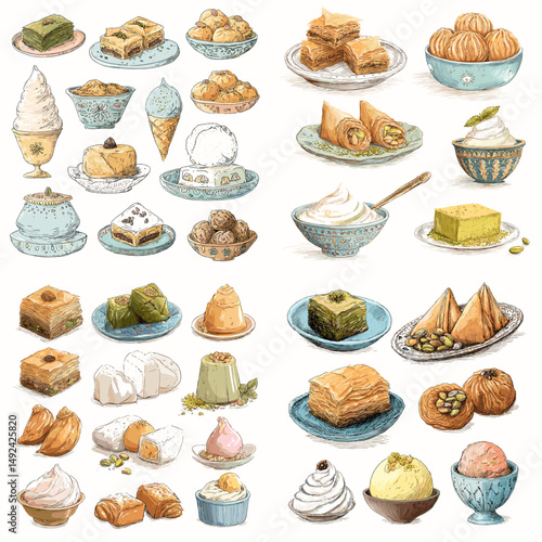 Hand-drawn set of traditional Middle Eastern sweets including baklava, ice cream, Turkish delights, and pistachio desserts. Perfect for culinary branding and packaging.

