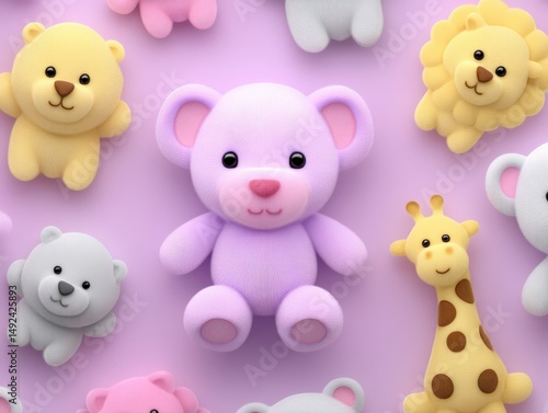 Wallpaper Mural Colorful collection of plush toys featuring a purple teddy bear surrounded by yellow lion and giraffe shapes on a soft pink background creating a playful and inviting atmosphere Torontodigital.ca