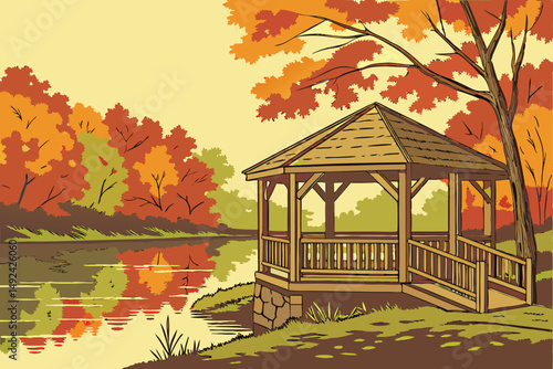 140 A wooden gazebo or shelter on the shore of a tranquil forest lake, surrounded by colorful autumn foliage, reflecting in the still waters, a serene and picturesque natural landscape