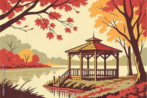 140 A wooden gazebo or shelter on the shore of a tranquil forest lake, surrounded by colorful autumn foliage, reflecting in the still waters, a serene and picturesque natural landscape