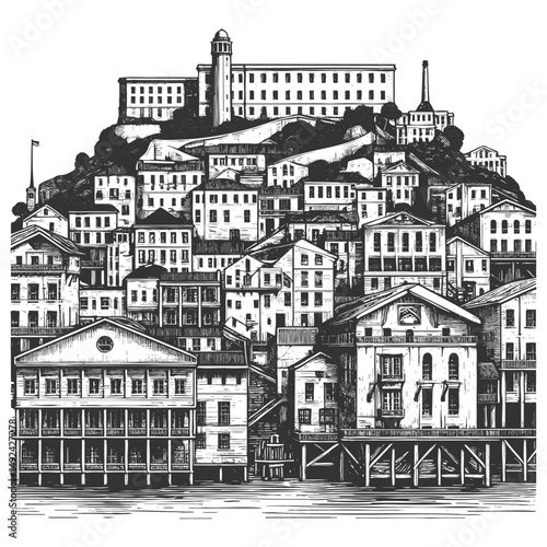 historic coastal town with dense hillside buildings and waterfront structures under a lighthouse sketch engraving generative ai vector illustration. Scratch board imitation. Black and white image.