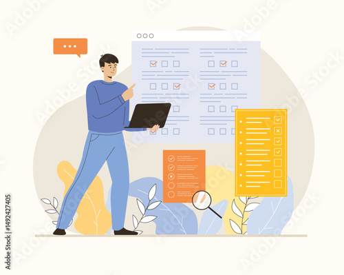Online survey concept. Opinion questionnaire forms. Man fill out survey forms online on the web pages. Flat vector illustration.	
