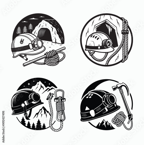 Cave Exploration Concept – Spelunking Tools, Helmet, Rope, and Map in Modern Vector Style