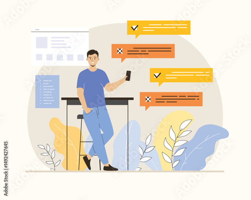Online survey concept. Man choosing right answers for filling online quiz at mobile phone screen. Flat vector illustration.	
